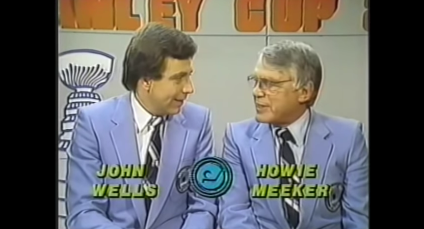 Howie Meeker (R) on Hockey Night In Canada with John Wells in 1983.