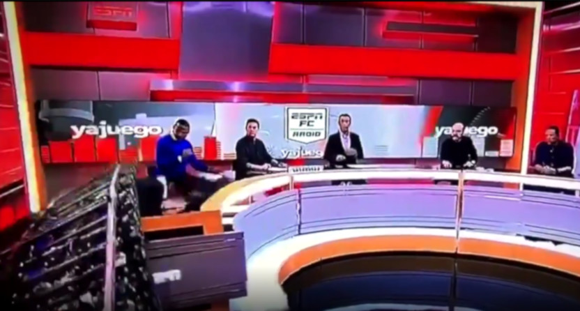 A piece of set fell on ESPN Colombia's Carlos Orduz Tuesday.