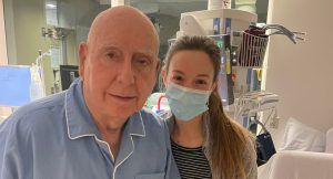 Dick Vitale in hospital around a February 2022 surgery. (@DickieV on Twitter.)