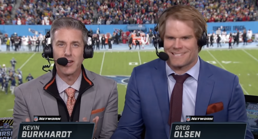 Kevin Burkhardt and Greg Olsen during an NFL broadcast for Fox.