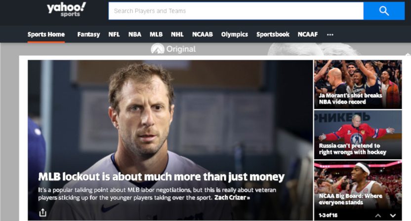 The Yahoo Sports front page on March 3, 2022.