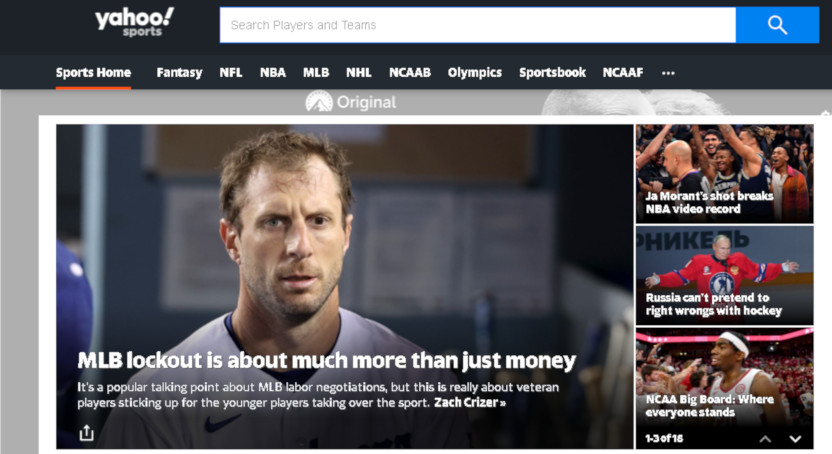 The Yahoo Sports front page on March 3, 2022.