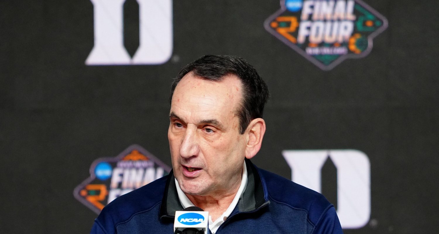 Apr 1, 2022; New Orleans, LA, USA; Duke Blue Devils head coach Mike Krzyzewski talks to media during a press conference before the 2022 NCAA men's basketball tournament Final Four semifinals at Caesars Superdome.