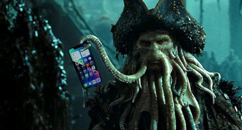 An illustration of the Pirates of the Caribbean Davy Jones with Rebekah Vardy's agent's phone.