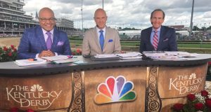 Mike Tirico, Randy Moss, and Jerry Bailey at the 2017 Kentucky Derby.