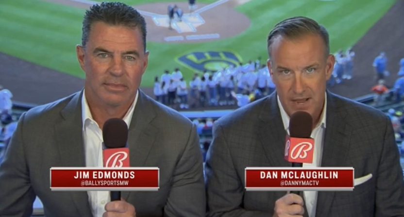 St. Louis Cardinals broadcasters Jim Edmonds and Dan McLaughlin of Bally Sports Midwest.