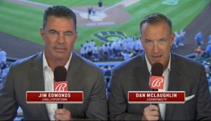 St. Louis Cardinals broadcasters Jim Edmonds and Dan McLaughlin of Bally Sports Midwest.