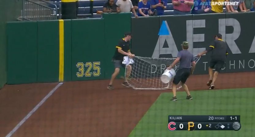 A squirrel seen on the Pirates' broadcast.