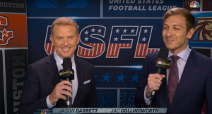 Jason Garrett and Jac Collinsworth on a NBC USFL broadcast in April 2022.