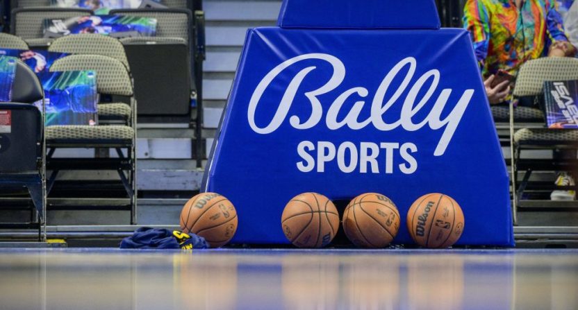 A view of the BallyÕs Sports logo and basketball bastion and Wilson game balls before the game between the Dallas Mavericks and the Denver Nuggets at the American Airlines Center.