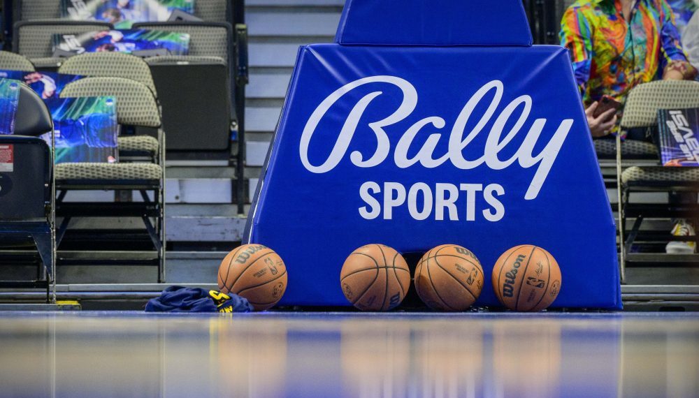 A view of the BallyÕs Sports logo and basketball bastion and Wilson game balls before the game between the Dallas Mavericks and the Denver Nuggets at the American Airlines Center.