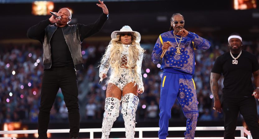 Dr. Dre, Mary J. Blige, Snoop Dogg and 50 Cent perform during the halftime show for Super Bowl LVI