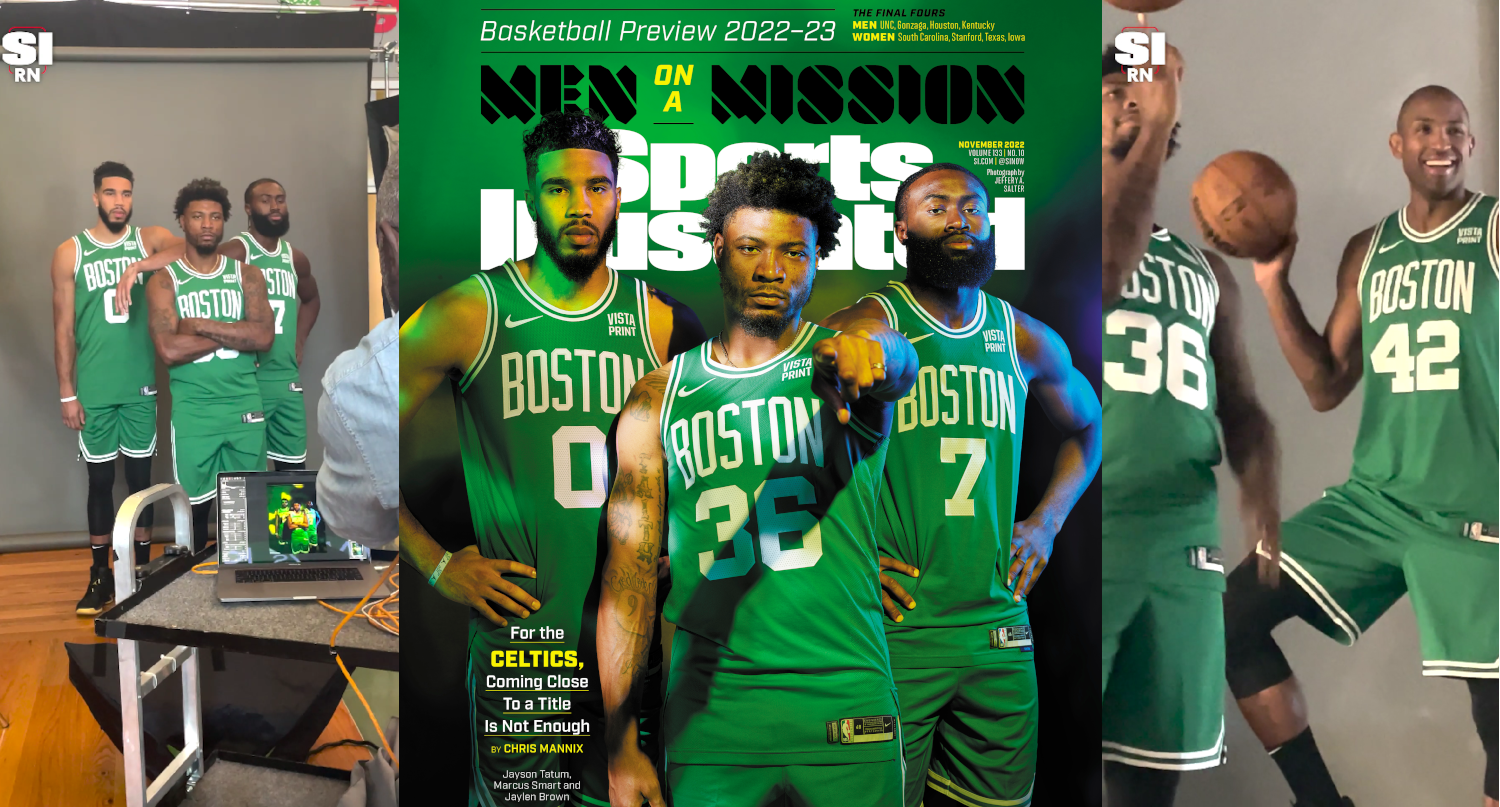 A Celtics cover from Sports Illustrated, surrounded by behind-the-scenes shots.