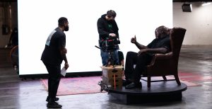 Shaq preparing for an interview for his HBO Sports docuseries.