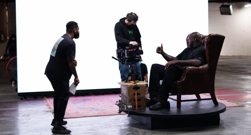 Shaq preparing for an interview for his HBO Sports docuseries.