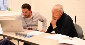 Lee Corso (R) with ESPN producer Drew Gallagher on Oct. 14, 2022. (Photo from ESPN PR.)
