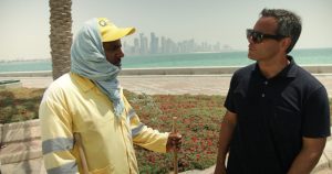 David Scott of HBO's Real Sports with Bryant Gumbel interviews a migrant worker in Qatar.