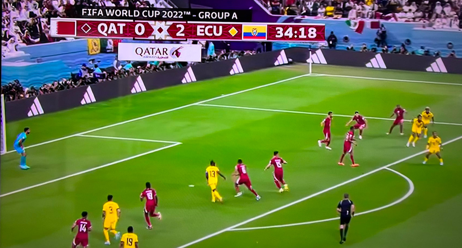 A Qatar Airways sponsorship on screen during Fox 2022 FIFA World Cup coverage. (Screengrab via Bob Williams on Twitter.)
