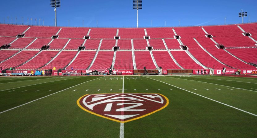A Pac-12 logo at the Los Angeles Memorial Coliseum in November 2022.