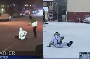 Portland Pickles mascot falls on the snow