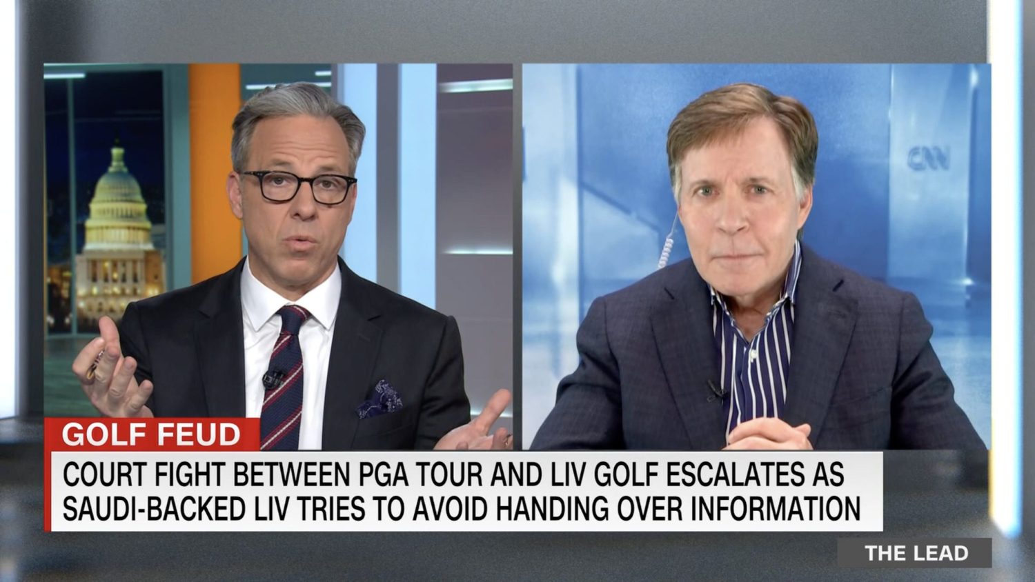 Jake Tapper and Bob Costas discussing LIV Golf on CNN