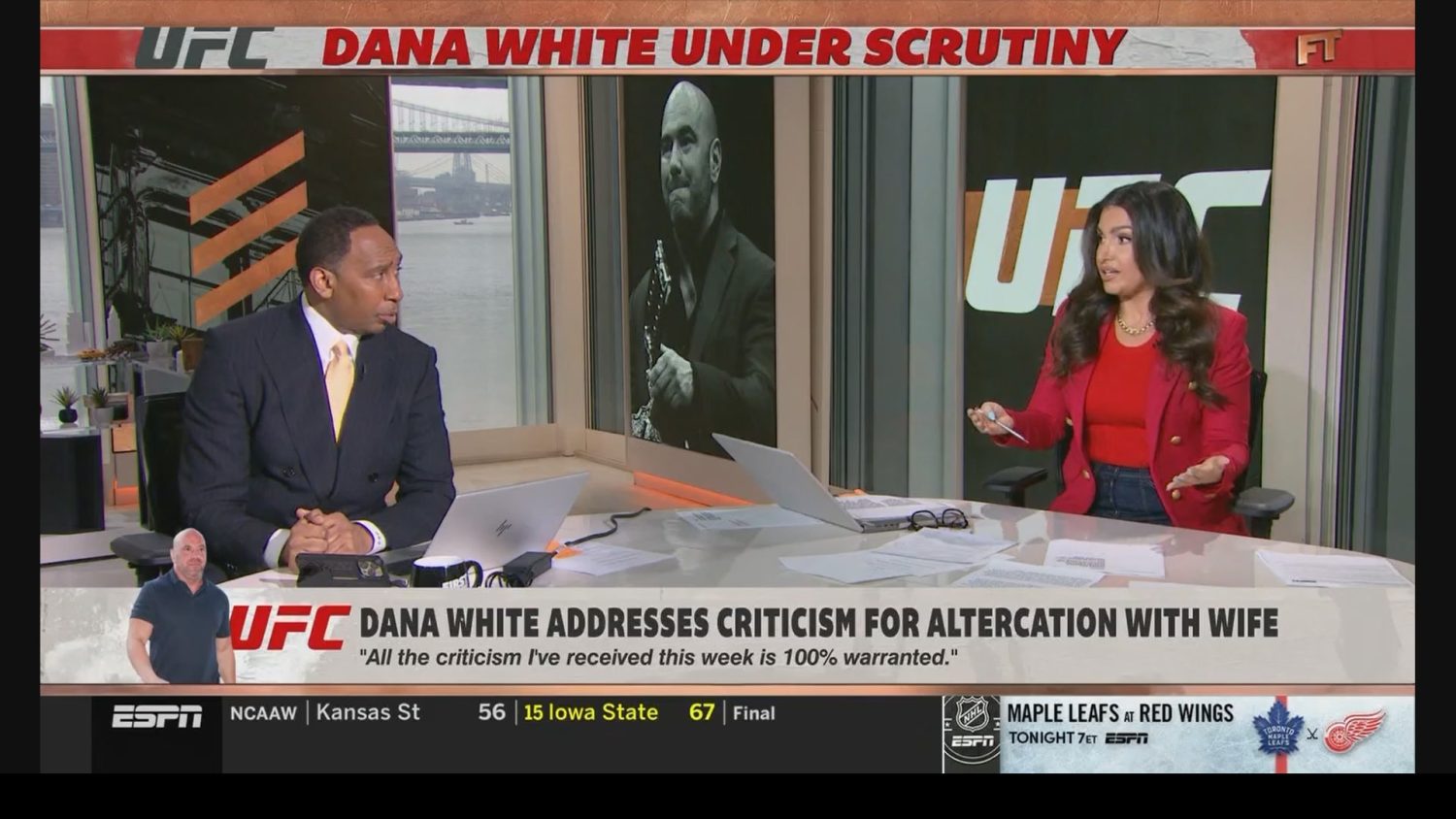 Stephen A. Smith and Molly Qerim discuss Dana White on First Take