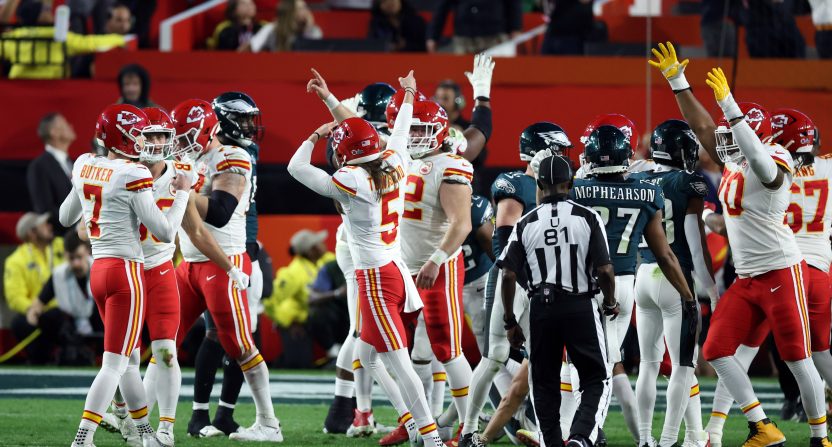 Harrison Butker makes the championship-winning kick for the Kansas City Chiefs in Super Bowl LVII.