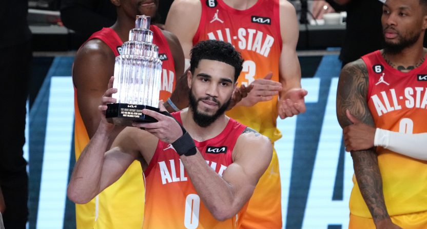Jayson Tatum with the 2023 NBA All-Star Game Kobe Bryant MVP trophy.