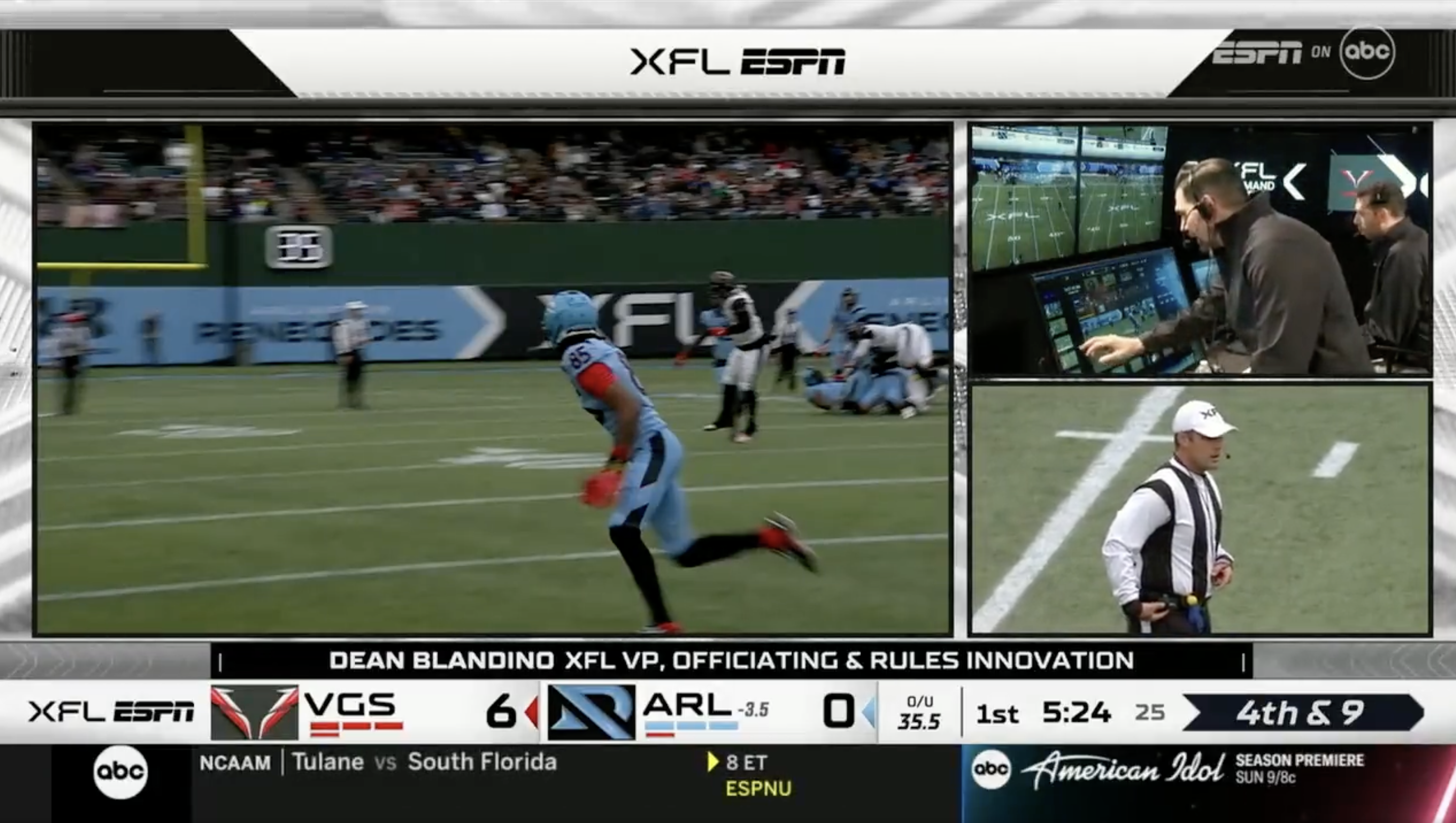 The XFL on ESPN broadcast shows off a new replay system with Dean Blandino in the Command Center.