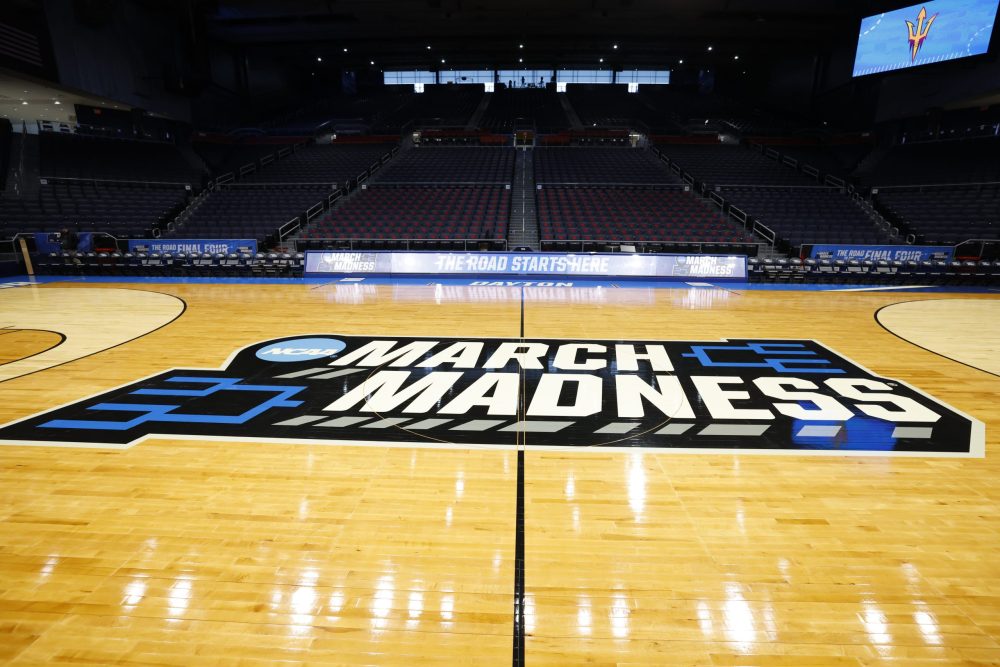 A March Madness court logo in Dayton, OH on March 13, 2023.