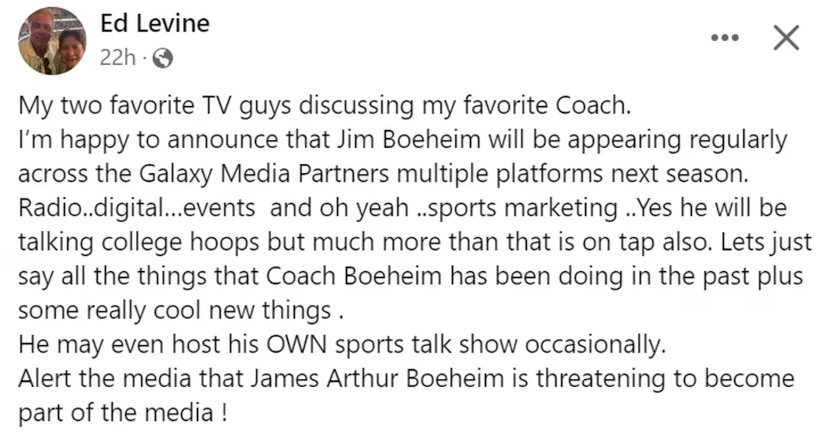 A Facebook post from Ed Levine about Jim Boeheim content.