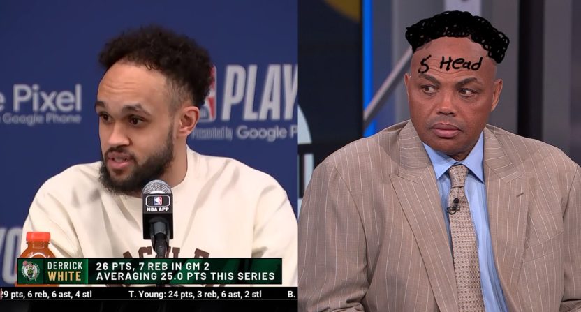 Derrick White (L) and Charles Barkley with White's hairline (R).