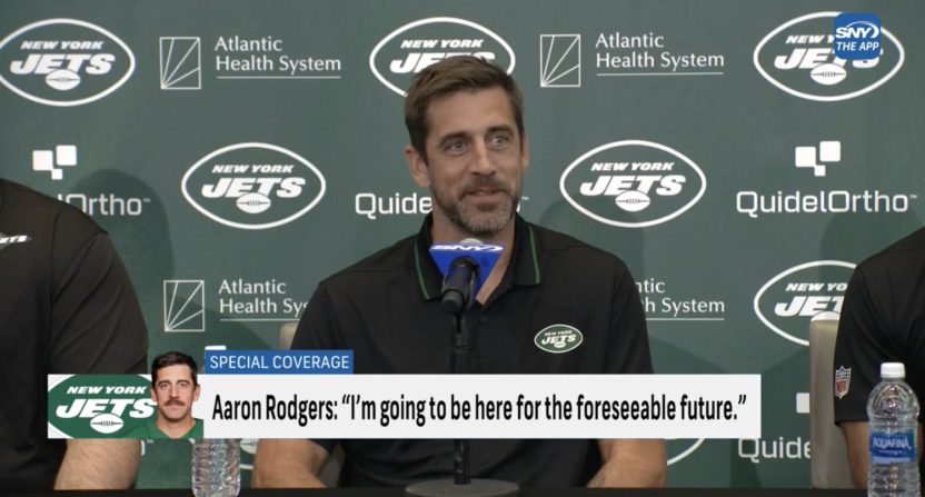 Aaron Rodgers during introductory press conference with the Jets