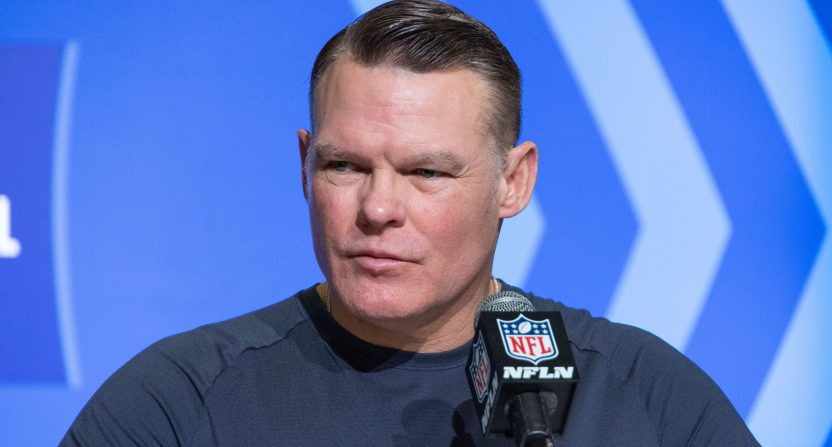 Colts general manager Chris Ballard speaks to the press at the NFL Combine
