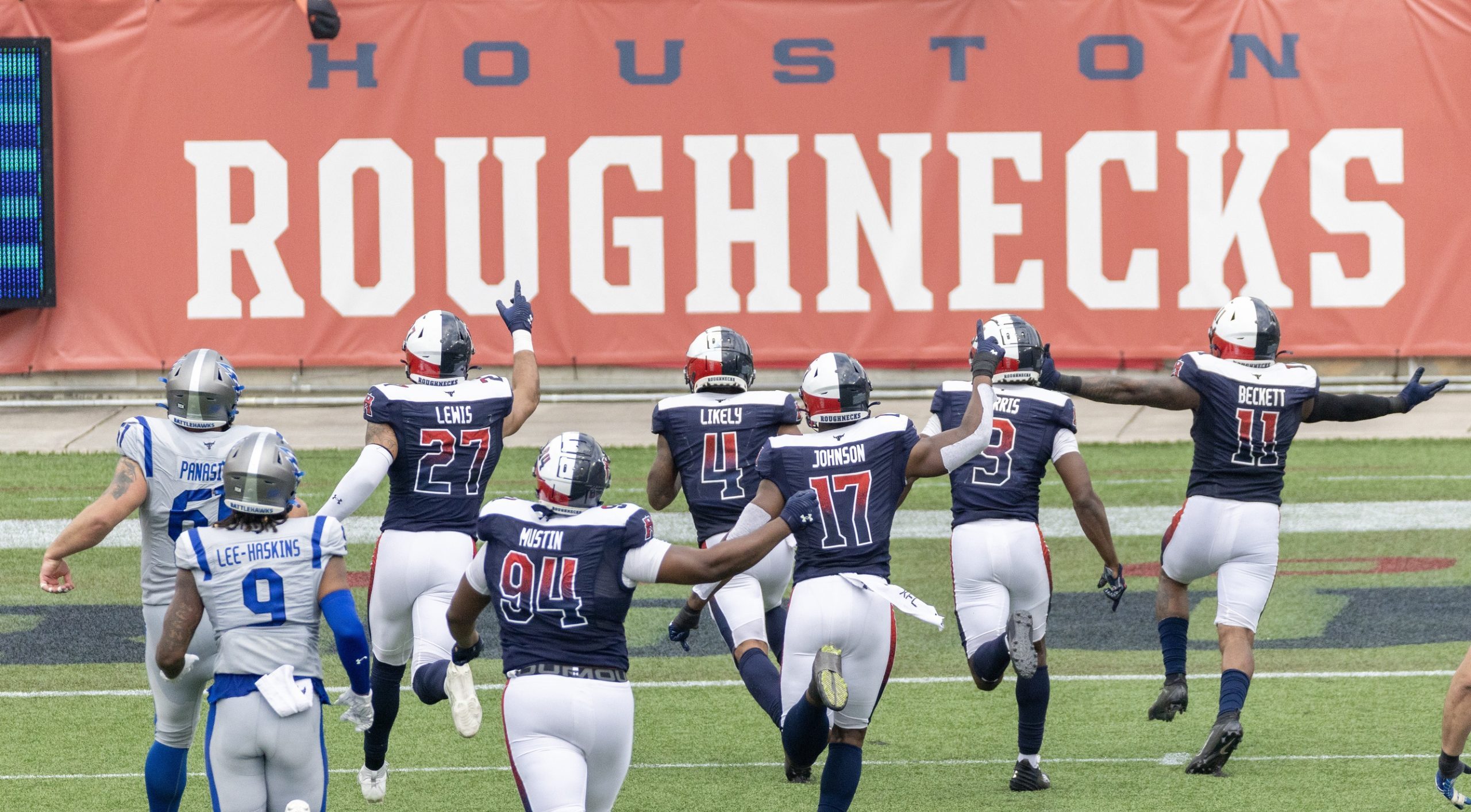 Houston Roughnecks defensive back Willam Like (4) celebrates his fumble recovery for a touchdown against the St. Louis Battlehawks