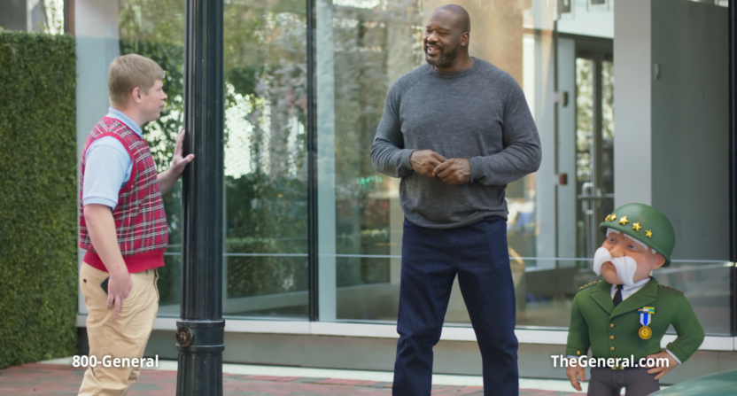 A still from a new The General ad, featuring Shaq, Bad Luck Brian, and the brand's The General character.