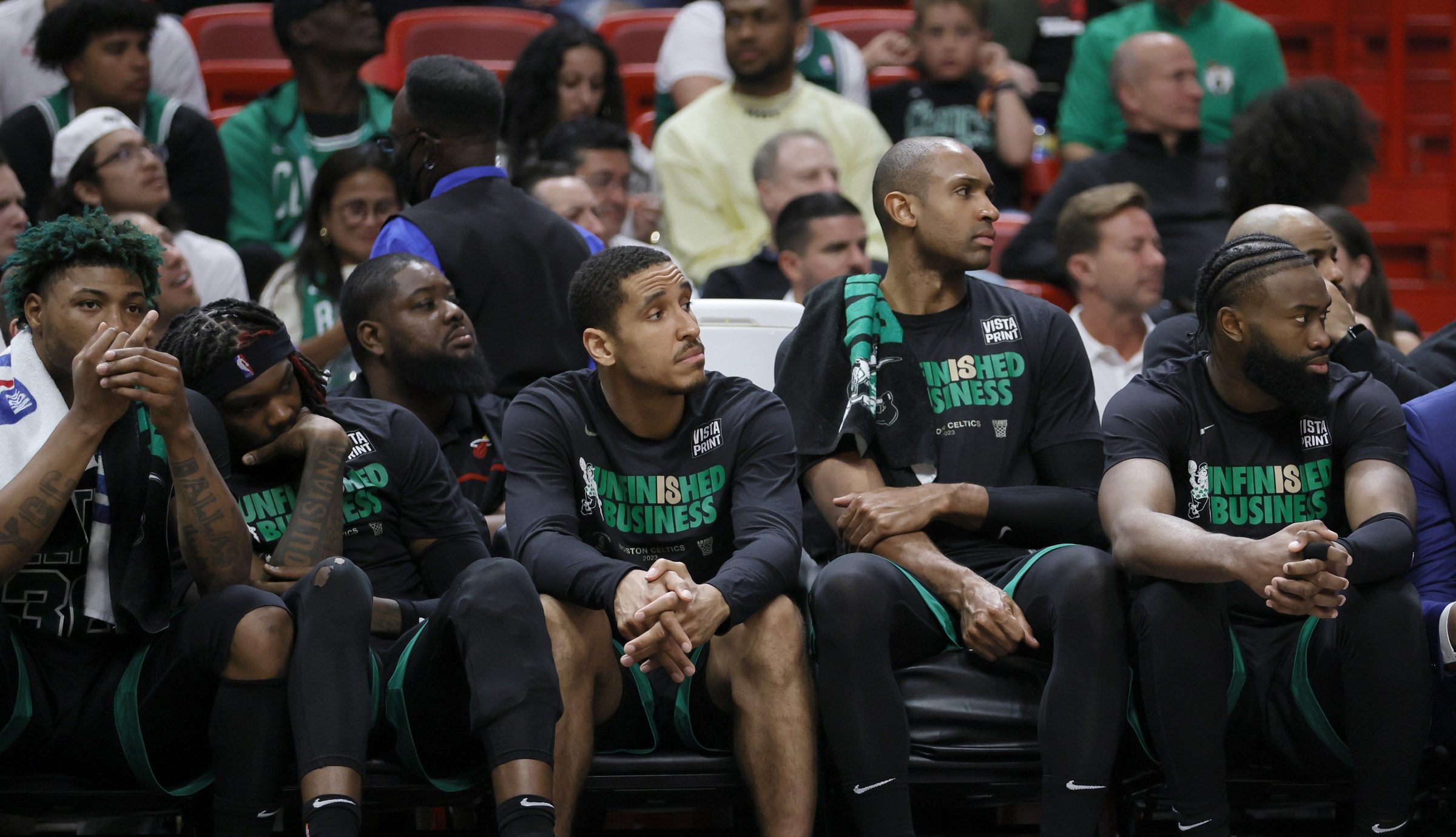 Boston Celtics players on the bench during the second half against the Miami Heat in game three of the Eastern Conference Finals