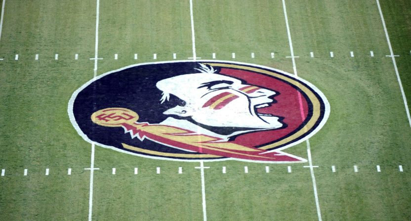 The Florida State Seminoles logo before the start of the spring game at Doak Campbell Stadium