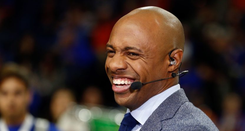 College basketball analyst Jay Williams before the game between the Florida Gators and Kentucky Wildcats at Exactech Arena at the Stephen C. O'Connell Center.