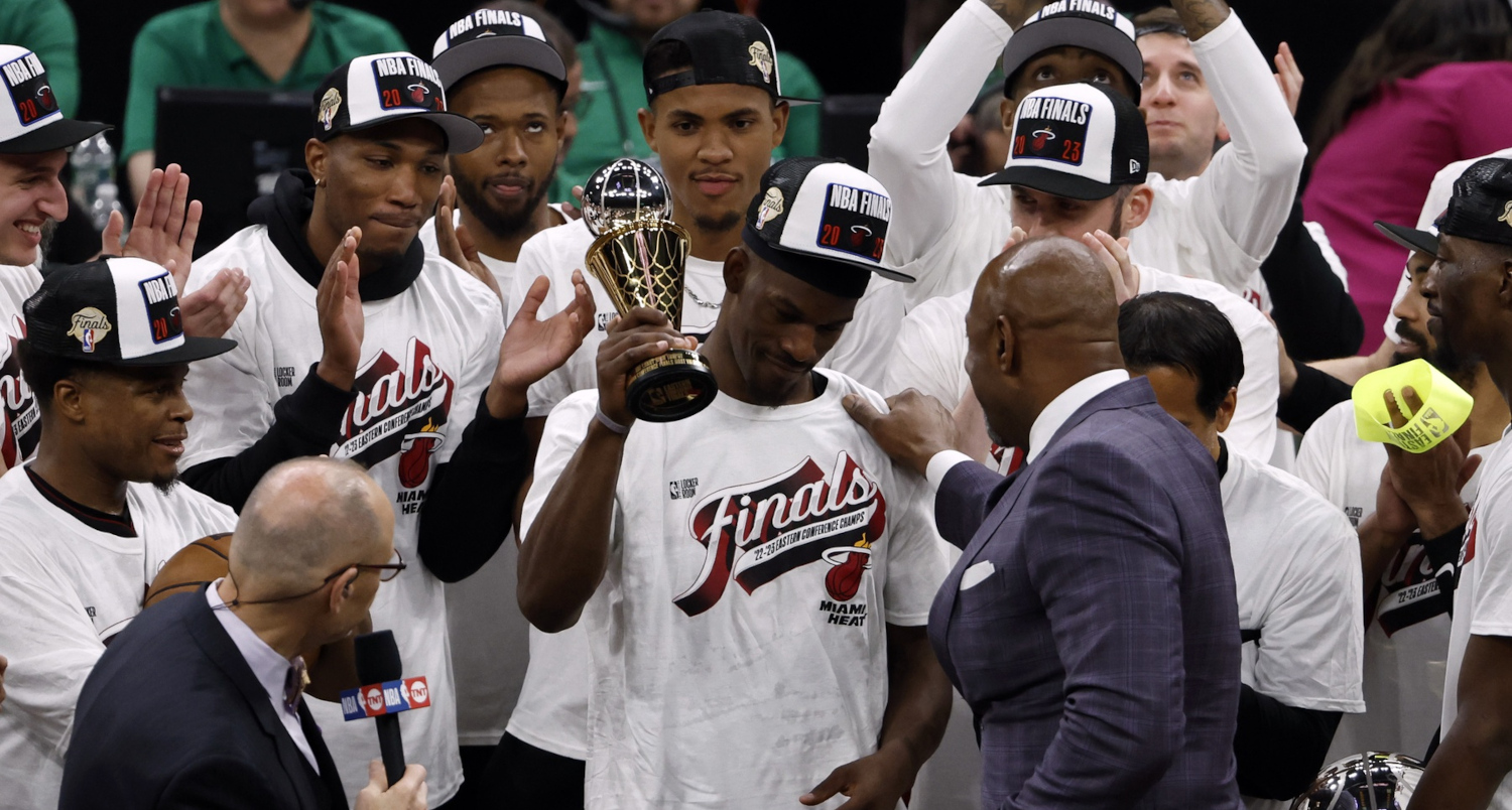 The Miami Heat celebrate winning the 2023 Eastern Conference Finals.