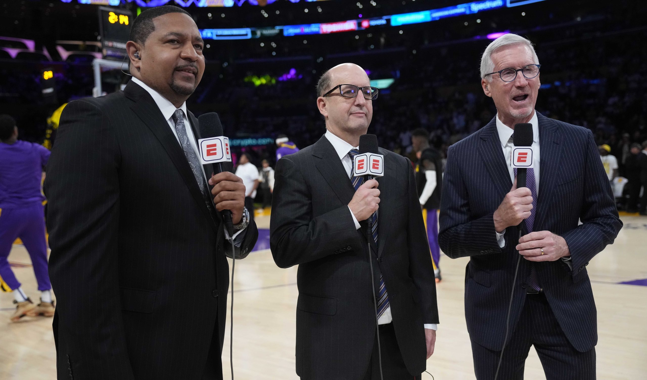 ESPN analyst Mark Jackson (left), commentator Jeff Van Gundy (center) and play-by-play announcer Mike Breen