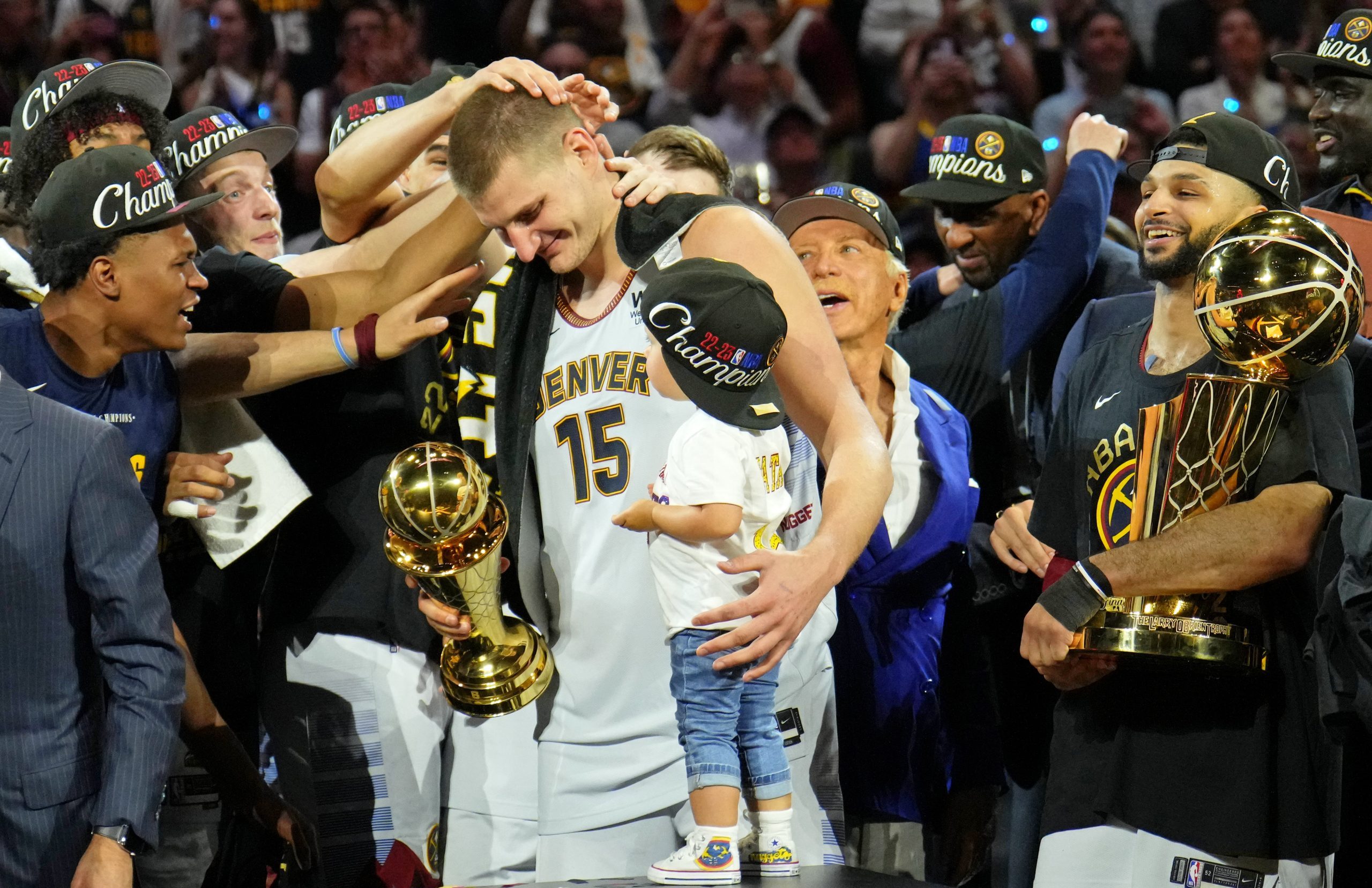 Denver Nuggets superstar Nikola Jokic celebrates winning the 2023 NBA championship.