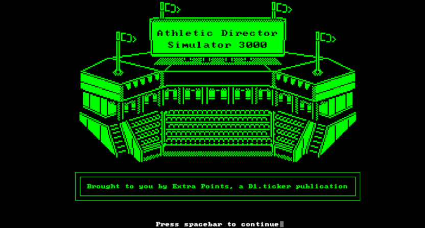 A title screen for "Athletic Director Simulator 3000," from Matt Brown and Extra Points.