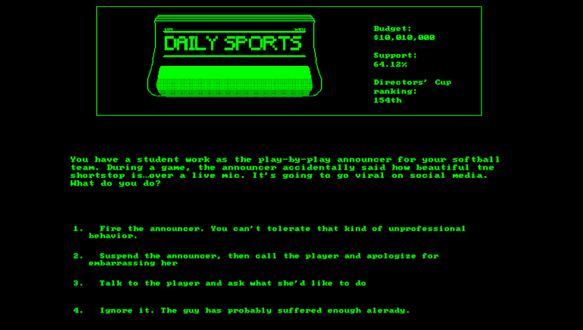 An announcing-focused screenshot from "Athletic Director Simulator 3000," from Matt Brown and Extra Points.