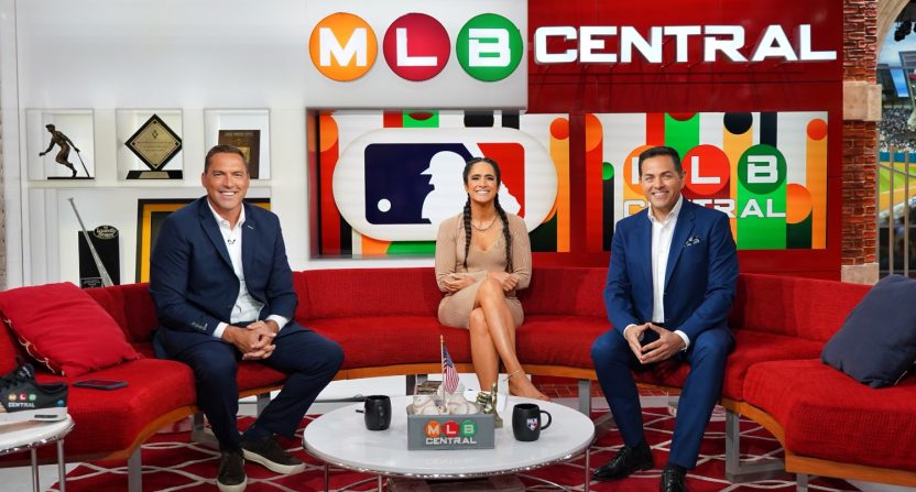 MLB Central hosts Mark DeRosa, Lauren Shehadi, and Robert Flores in 2023.