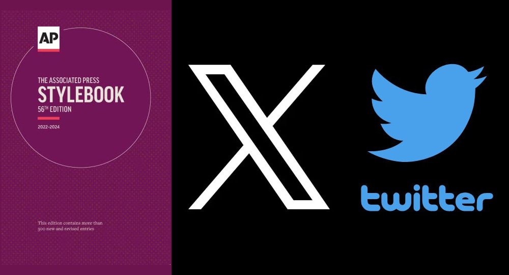 The AP Stylebook 56th edition cover next to logos for X and Twitter.