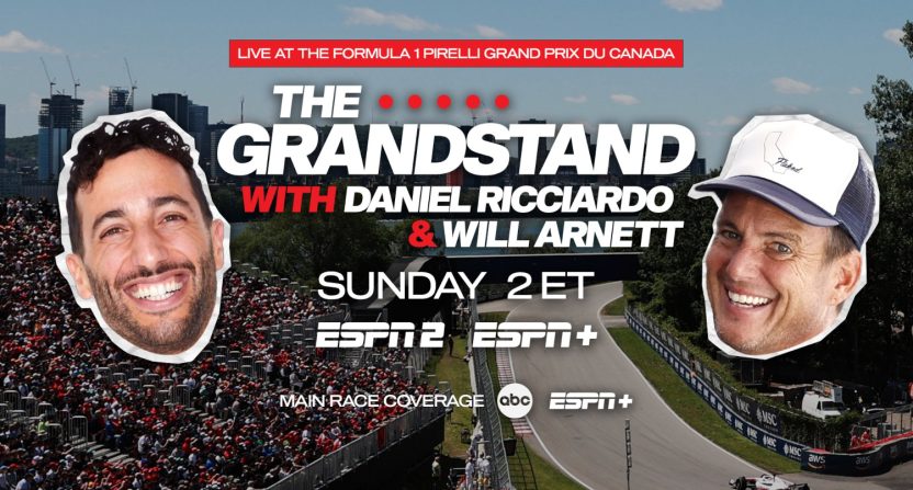 A promo image for ESPN alternate F1 broadcast "The Grandstand" with Will Arnett and Daniel Ricciardo.