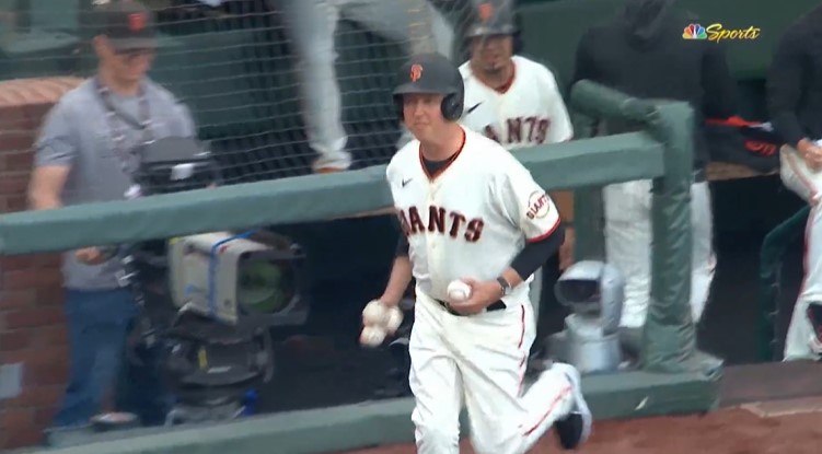 Giants announcer Dave Flemming spend three innings in the San Francisco dugout on Monday, serving as batboy in a fantasy football punishment.. Photo Credit: NBC Sports Bay Area