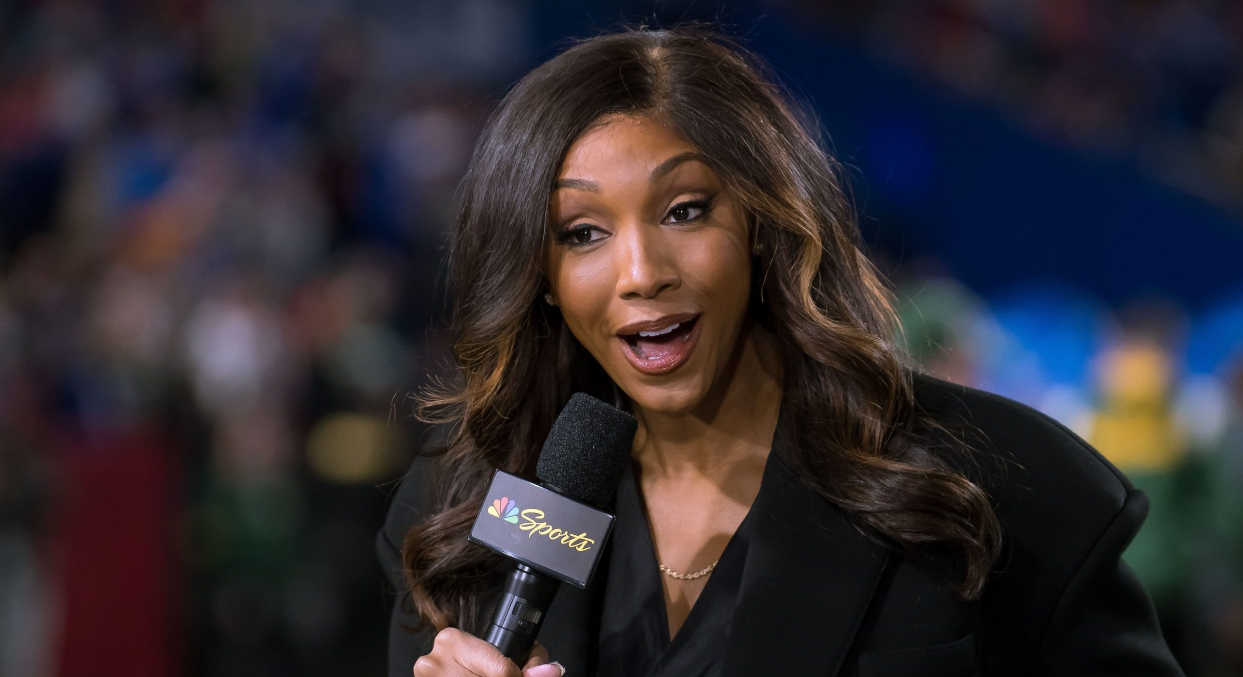 NBC Sports commentator Maria Taylor on camera up before a game between the Buffalo Bills and the Green Bay Packers.