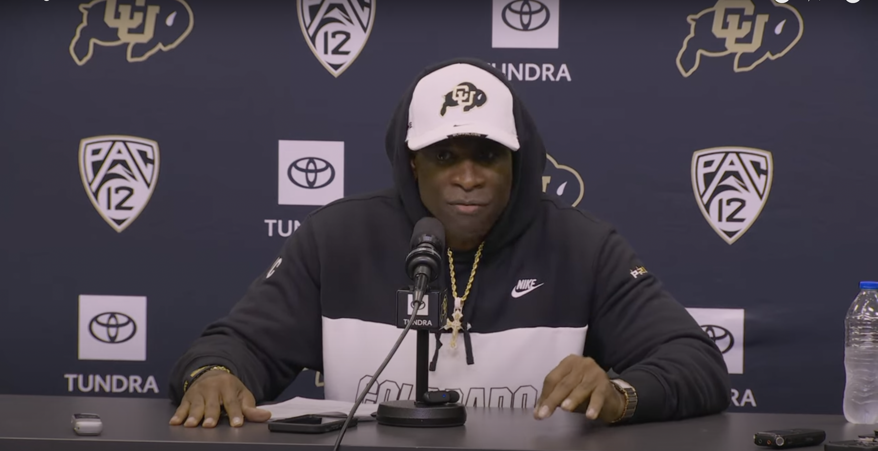 Deion Sanders talking to the media after Colorado's Week 5 loss to USC.
